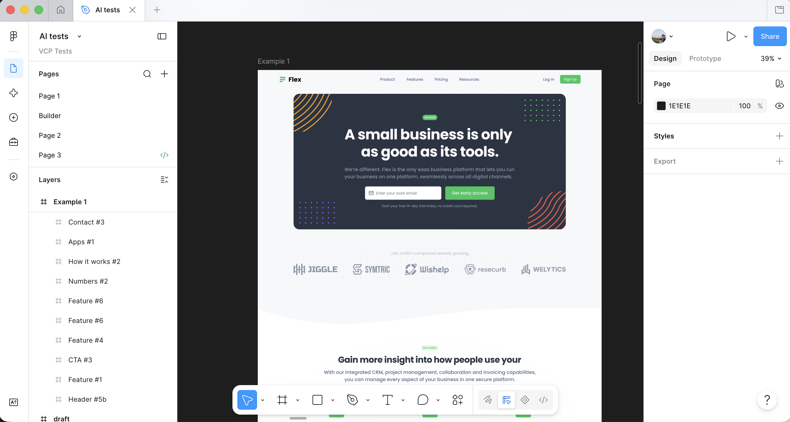 A landing-page design open in Figma
