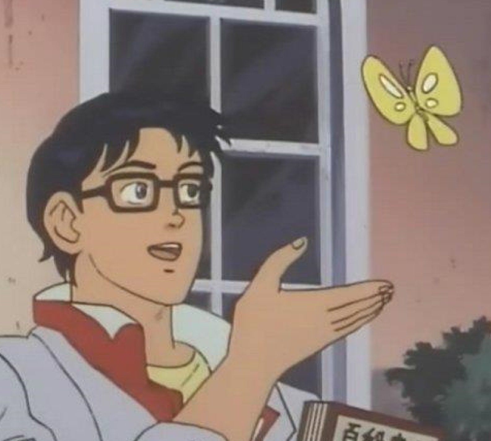 The Is This a Pigeon? anime frame: a man in glasses holds out his hand toward a yellow butterfly.